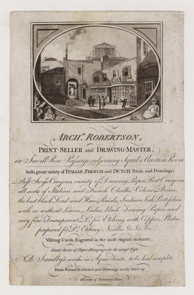 Tarjeta comercial de vendedor de impresiones y maestro de dibujo, Archibald Robertson de English School