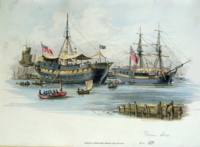 Barcos prisión utilizados por los británicos durante las guerras napoleónicas para albergar prisioneros franceses, 1805 de English School