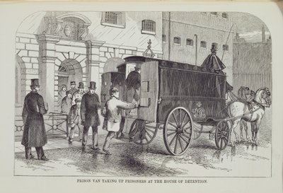 Furgón de Prisioneros recogiendo Prisioneros en la Casa de Detención, de Las Prisiones Criminales de Londres y Escenas de la Vida en Prisión por Henry Mayhew y John Binny, 1862 de English School