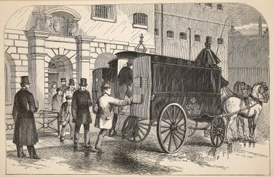 Furgón de prisioneros recogiendo prisioneros en la Casa de Detención, ilustración de Las prisiones criminales de Londres y escenas de la vida en prisión de Henry Mayhew y John Binny, pub. 1862 de English School