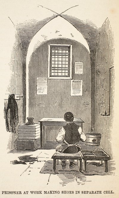 Prisionero trabajando haciendo zapatos en celda separada, ilustración de Las prisiones criminales de Londres y escenas de la vida en prisión de Henry Mayhew y John Binny, pub. 1862 de English School