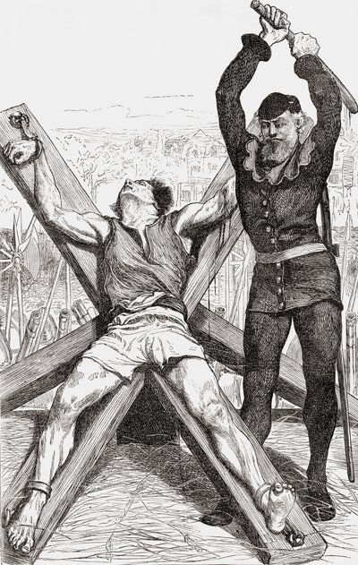 Prisionero siendo torturado en la cruz de San Andrés, c.1865 de English School