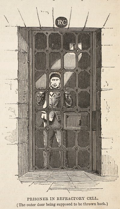 Prisionero en celda de castigo (se supone que la puerta exterior está abierta), ilustración de Las prisiones criminales de Londres y escenas de la vida en prisión de Henry Mayhew y John Binny, pub. 1862 de English School