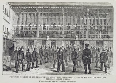Prisioneros Trabajando en la Rueda de Molino y Otros Ejercitándose en el 3er Patio de la Prisión de Vagabundos, Coldbath Fields, de Las Prisiones Criminales de Londres y Escenas de la Vida en Prisión por Henry Mayhew de English School