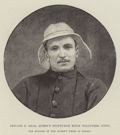 Soldado D Dear, Cuerpo de Voluntarios de Fusileros de la Reina de Edimburgo, ganador del Premio de la Reina en Bisley (grabado) de English School