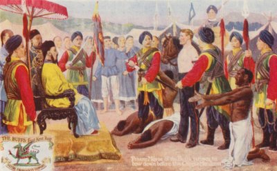 El soldado Mayse de los Buffs se niega a inclinarse ante el Mandana chino (litografía en color) de English School