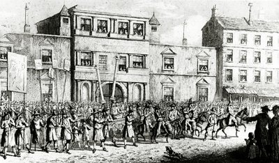 Procesión de 1741 en Londres burlándose de los masones, 1843 de English School