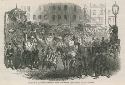 Procesión de la compañía teatral de elefantes, camellos, caballos, etc. de Mr Hughes de English School