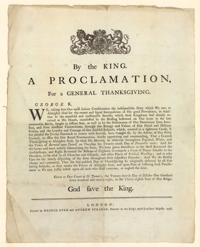 Proclamación para un Día de Acción de Gracias General, 1798 de English School