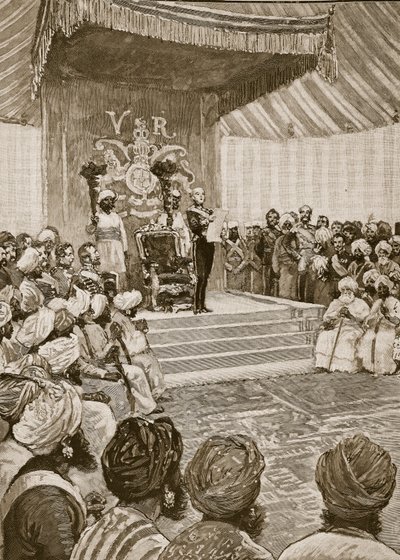 Proclamación de la Reina como Emperatriz de la India en 1877, ilustración de Cassells Illustrated History of England de English School