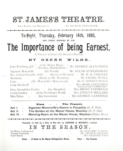 Programa para una representación de La Importancia de Llamarse Ernesto, de Oscar Wilde (1854-1900) en el Teatro St. James, 14 de febrero de 1895 de English School