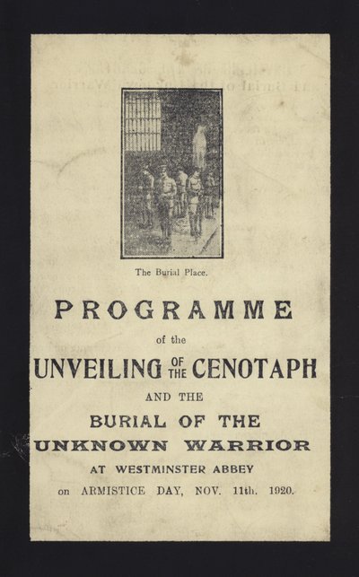 Programa para la inauguración del Cenotafio y el entierro del Guerrero Desconocido, Abadía de Westminster, Londres, 11 de noviembre de 1920 de English School