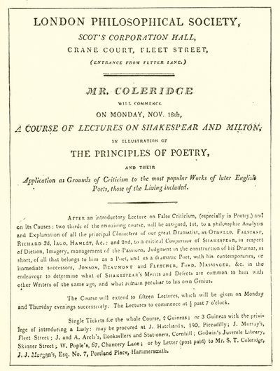 Programa de las Conferencias de Coleridge de 1808 de English School