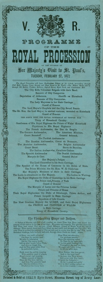 Programa de la Procesión Real con motivo de la visita de Su Majestad a la Catedral de San Pablo, Londres, 27 de febrero de 1872 de English School