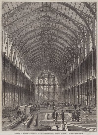 Progreso del Edificio de la Exposición Internacional, Parte de la Nave (grabado) de English School