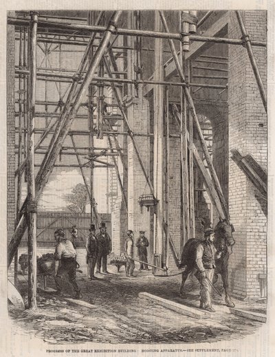 Progreso en el edificio de la Exposición Internacional; Aparato de elevación de English School