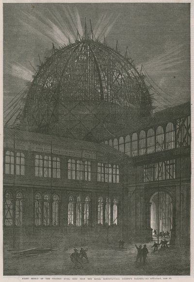 Progreso en el edificio de la Exposición Internacional; Efecto nocturno de la cúpula occidental de English School