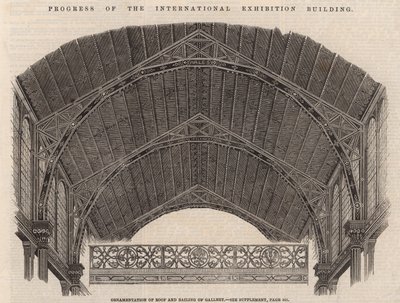 Progreso en el edificio de la Exposición Internacional; Ornamentación del techo y barandilla de la galería de English School