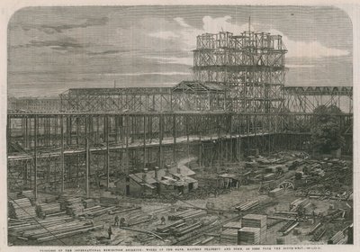 Progreso en el edificio de la Exposición Internacional; Obras de la nave, transepto oriental y cúpula de English School