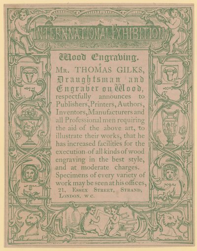 Tarjeta promocional para Thomas Gilks, dibujante y grabador en madera de English School