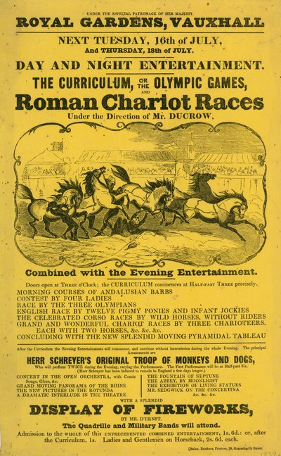 Folleto promocional para El Currículum; o, Los Juegos Olímpicos y Carrera de Carros Romanos en Royal Gardens, Vauxhall, Londres de English School