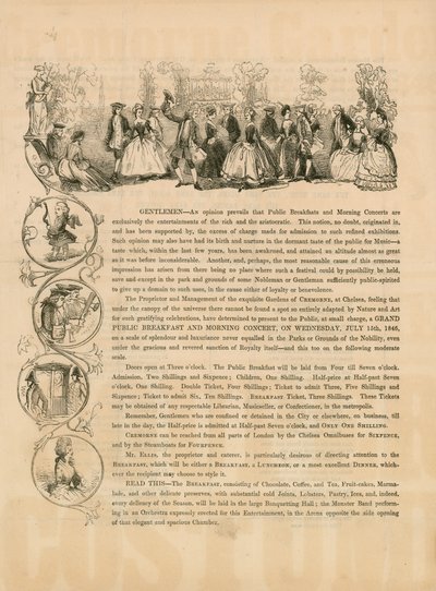 Folleto promocional para un Gran Desayuno Público y Concierto Matutino el 15 de julio de 1846 de English School