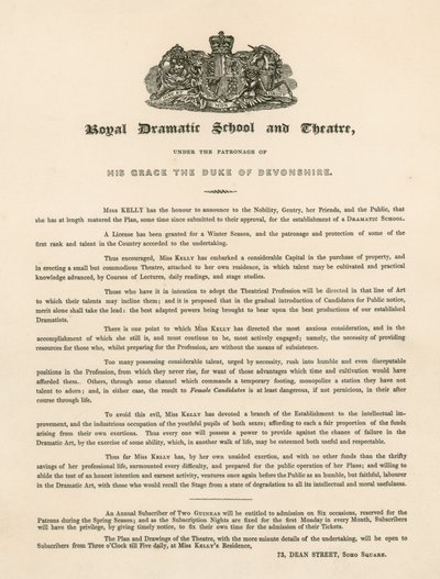 Carta promocional para la Escuela y Teatro Dramático Real, 73 Dean Street, Soho Square, Londres de English School