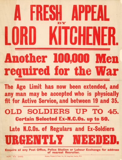 Cartel promocional solicitando 100,000 hombres para que se ofrezcan como voluntarios para el servicio en la guerra de English School