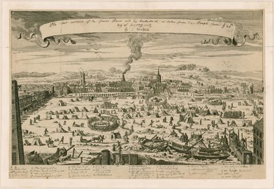 Vista del Támesis congelado, tomada desde las escaleras del Templo el 20 de enero de 1715/16 de English School