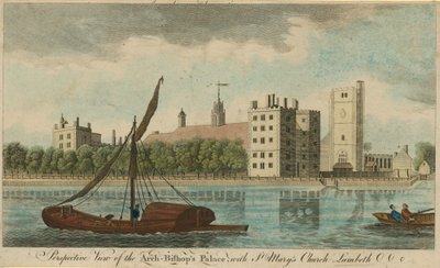 Vista prospectiva del Palacio del Arzobispo con la Iglesia de St Mary, Lambeth de English School