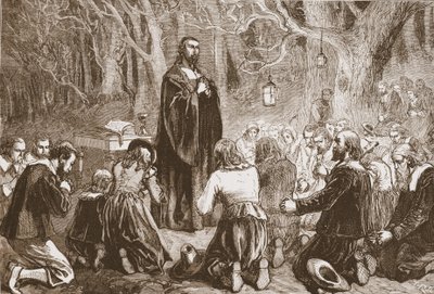 Protestantes adorando de noche en la iglesia del desierto, ilustración de La Historia del Protestantismo de James Aitken Wylie (1808-1890), pub. 1878 de English School