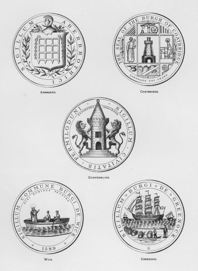Escudos públicos: Arbroath; Coatbridge; Dunfermline; Wick; Greenock (grabado) de English School