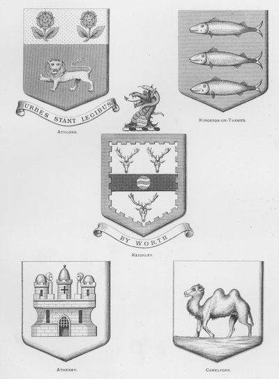 Escudos públicos: Athlone; Kingston-on-Thames; Keighley; Athenry; Camelford (grabado) de English School