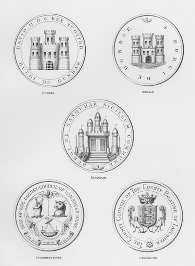 Escudos públicos: Dunbar; Sanquhar; Inverness-shire; Lancashire (grabado) de English School