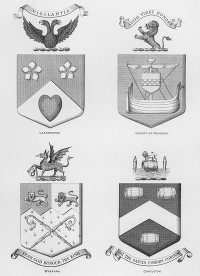 Escudos públicos: Lanarkshire; Condado de Renfrew; Wrexham; Congleton (grabado) de English School