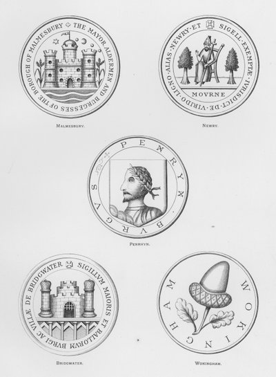 Escudos públicos: Malmesbury; Newry; Penrhyn; Bridgwater; Wokingham (grabado) de English School
