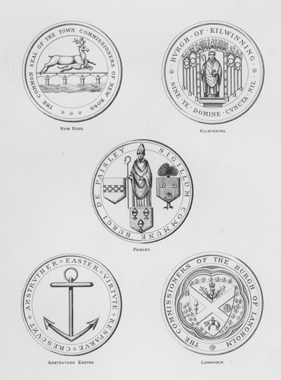 Escudos públicos: New Ross; Kilwinning; Paisley; Anstruther Easter; Langholm (grabado) de English School