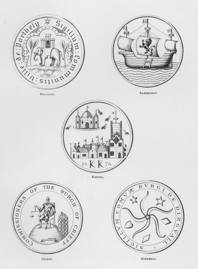 Escudos públicos: Pwllheli; Aldeburgh; Kendal; Crieff; Dingwall (grabado) de English School