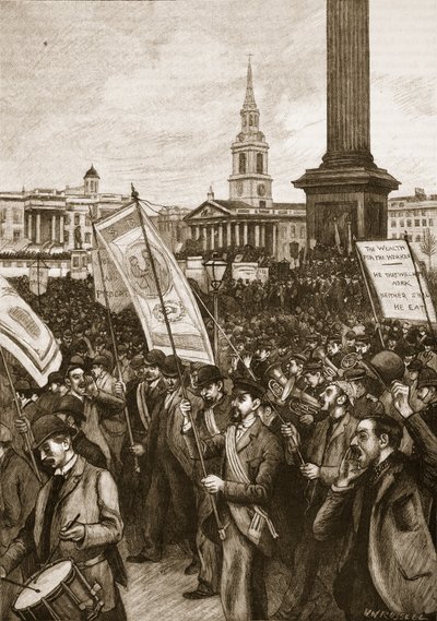 Reunión pública en Trafalgar Square en conmemoración del Domingo Sangriento, 1892, ilustración de la Historia Ilustrada de Inglaterra de Cassell de English School