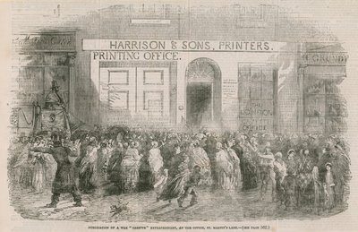 Publicación de una Gaceta de Guerra Extraordinaria, en la oficina, St Martins Lane de English School