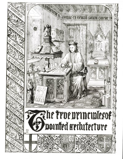Pugin trabajando, frontispicio de Principios Verdaderos de la Arquitectura Puntiaguda o Cristiana, por Augustus Welby Northmore Pugin de English School