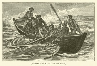 Tirando del mástil hacia el barco (grabado) de English School