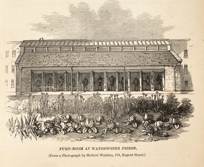 Sala de bombas en la prisión de Wandsworth, ilustración de Las prisiones criminales de Londres y escenas de la vida en prisión de Henry Mayhew y John Binny, pub. 1862 de English School