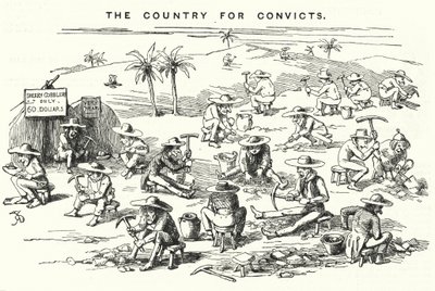 Caricatura de Punch: California, el país para convictos (grabado) de English School