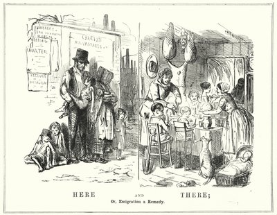Caricatura de Punch: Aquí y allá, o, la emigración como remedio (grabado) de English School