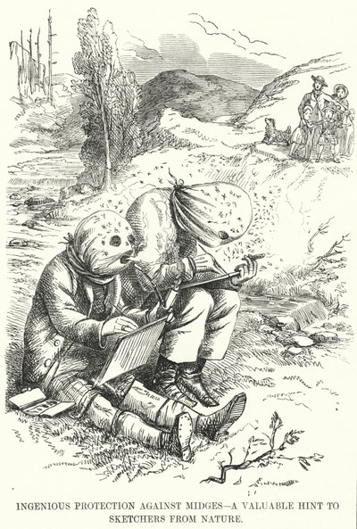 Caricatura de Punch: Protección Ingeniosa contra los Mosquitos - un Consejo Valioso para los Dibujantes de la Naturaleza de English School