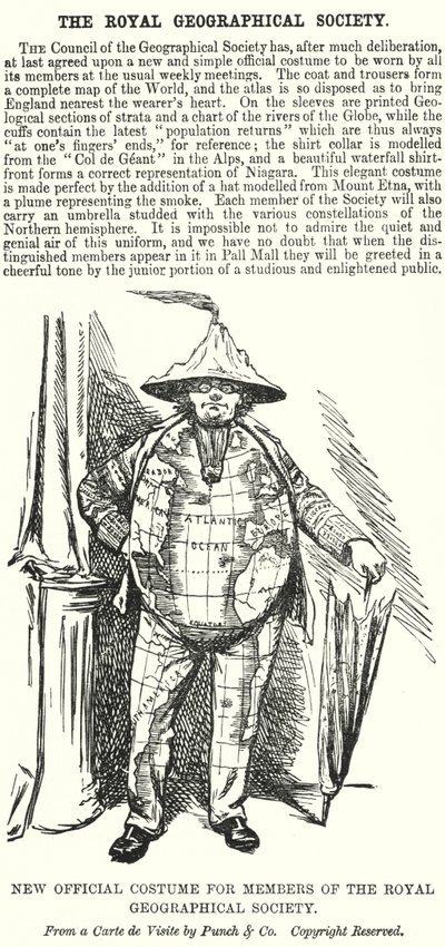 Caricatura de Punch: Nuevo Traje Oficial para Miembros de la Sociedad Geográfica Real de English School