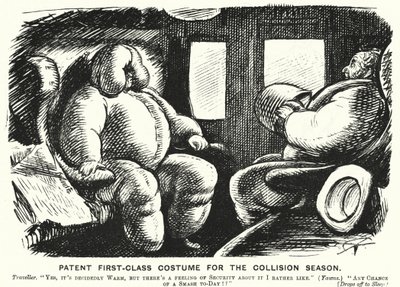 Caricatura de Punch: Traje de Primera Clase Patentado para la Temporada de Colisiones - seguridad en los ferrocarriles de English School