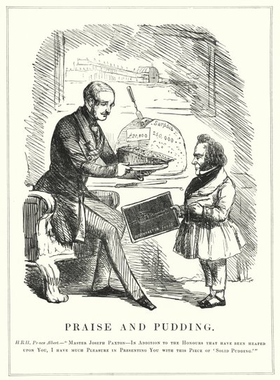 Caricatura de Punch: Alabanza y Pudín: el Príncipe Alberto recompensando a Joseph Paxton por diseñar el Palacio de Cristal para albergar la exitosa Gran Exposición de 1851 en Hyde Park, Londres de English School