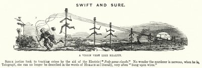 Caricatura de Punch: Rápido y Seguro - el uso de la telegrafía eléctrica en el seguimiento del crimen de English School